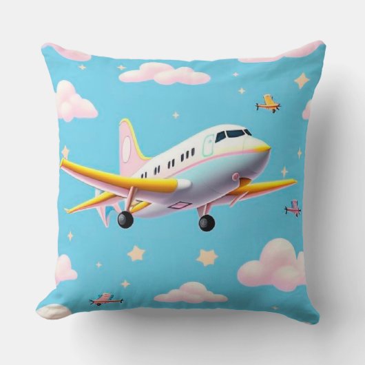 カラフルな飛行機がかわいい雲の間を飛ぶ クッション (正面)