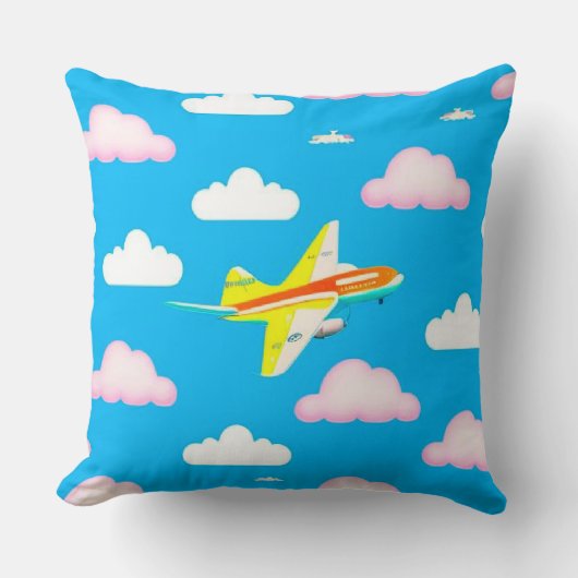 カラフルな飛行機がかわいい雲の間を飛ぶ クッション (正面)