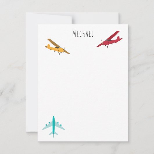 カラフルな飛行機柄 子供用カスタムネーム ノートカード (正面)