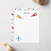 カラフルな飛行機柄 子供用カスタムネーム ノートカード (正面/裏面インサイチュ)