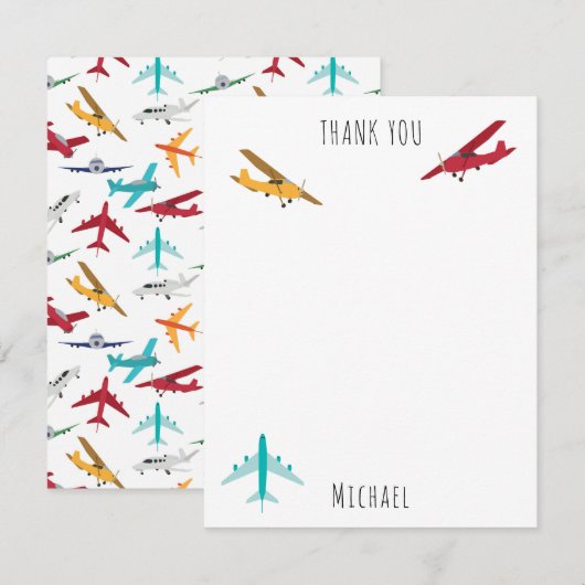 カラフルな飛行機柄 子供用カスタム名 サンキューカード (正面/裏面)