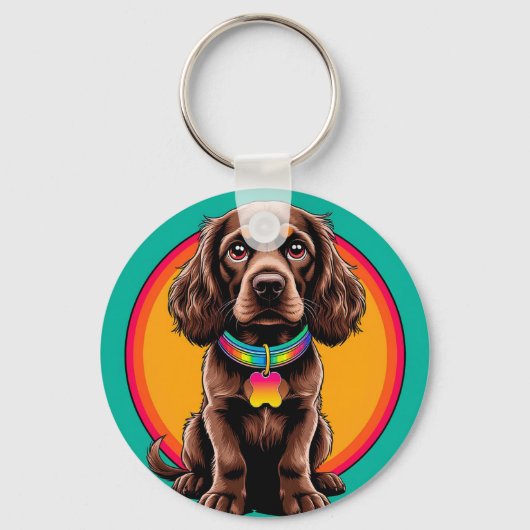 カラフルな首輪の犬 装飾円形フレーム入り キーホルダー (正面)