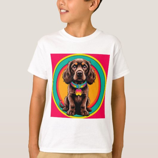 カラフルな首輪の犬 装飾円形フレーム内 Tシャツ (正面)