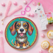 カラフルな首輪をした幸せな犬 ペーパープレート (パーティー)