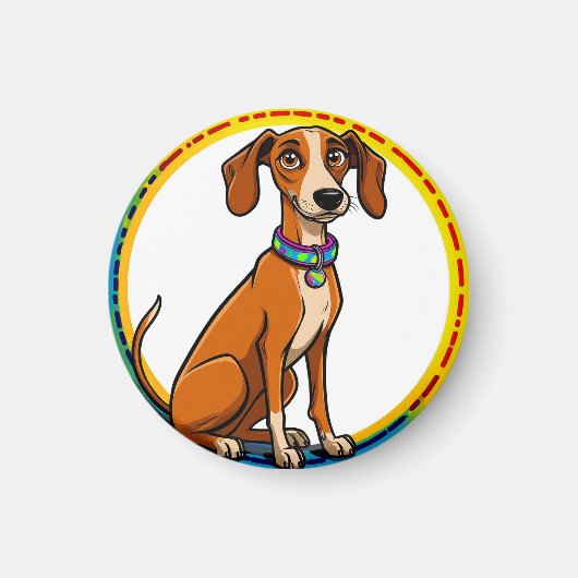 カラフルな首輪をした犬 装飾円形フレーム入り マグネット (正面)