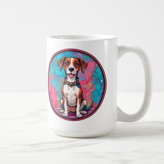 カラフルな首輪をつけたかわいい犬 コーヒーマグカップ (右)