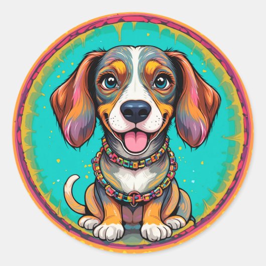カラフルな首輪をつけた幸せな犬 ラウンドシール (正面)