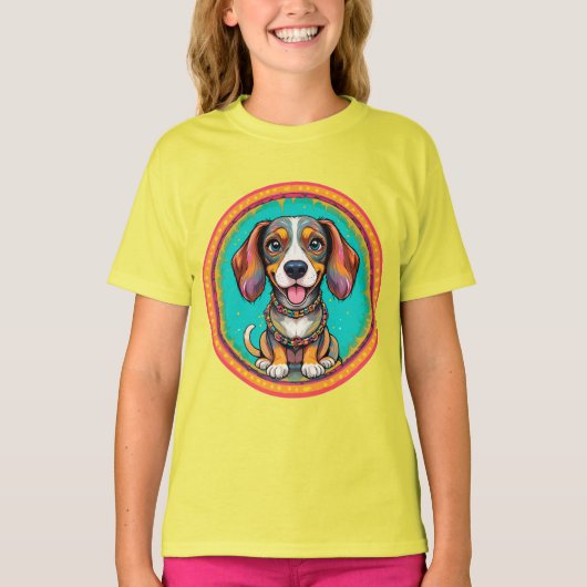 カラフルな首輪をつけた幸せな犬 Tシャツ (正面)