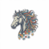 カラフルな馬のパズルピース ビンテージ風彫刻Tシャツ シール (正面)