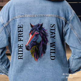 カラフルな馬の顔 Ride Free Stay Wild デニムジャケット