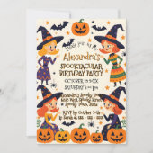 カラフルな魔女の女の子のハロウィン誕生日パーティー 招待状 (正面)