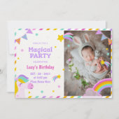 カラフルな魔法のユニコーンの写真付き 招待状 (正面)