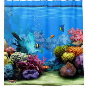 カラフルな魚および珊瑚が付いている熱帯アクアリウム シャワーカーテン