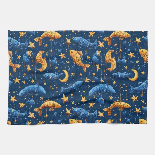 カラフルな魚のパターン キッチンタオル (横)