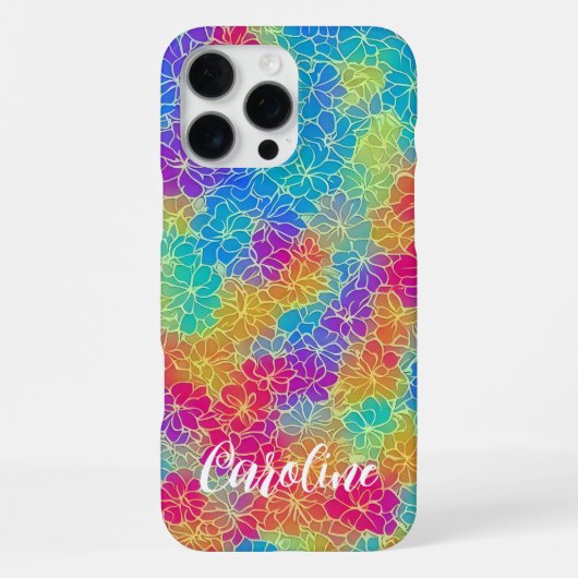 カラフルな鮮やかな虹の花柄の名前 iPhoneケース (裏面)