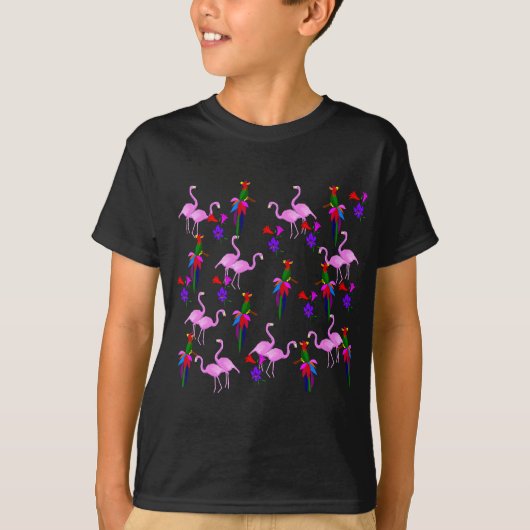 カラフルな鳥およびピンクのフラミンゴ Tシャツ (正面)
