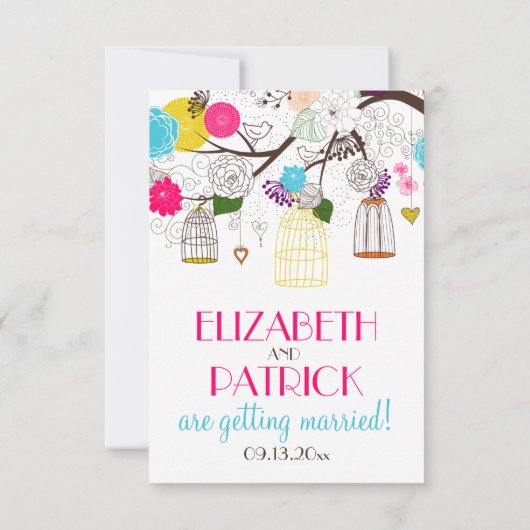 カラフルな鳥かごとかすみ草のウェディング出欠確認カード 出欠カード (裏面)