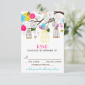 カラフルな鳥かご と 花のウェディング出欠確認カード 出欠カード (スタンド正面)