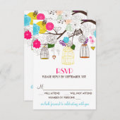 カラフルな鳥かご と 花のウェディング出欠確認カード 出欠カード (正面/裏面)