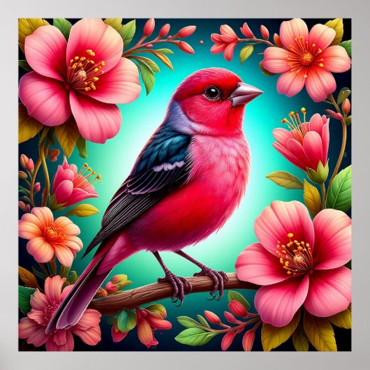 🦜 カラフルな鳥が止まる枝 自然を描いたアート 🦜 ポスター (正面)