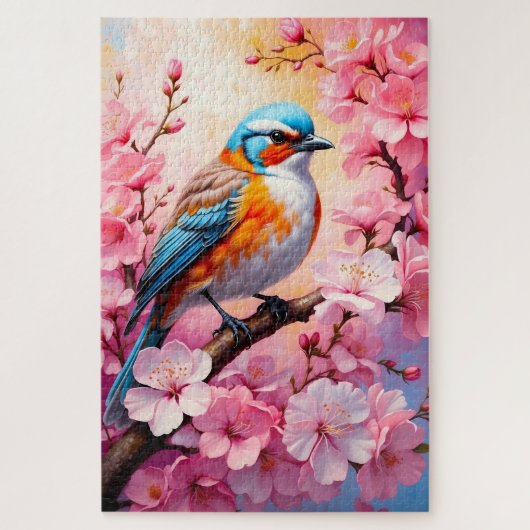 カラフルな鳥とピンクの桜 ジグソーパズル (縦)