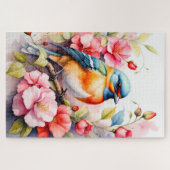 カラフルな鳥とピンクの花のボタニカルアート ジグソーパズル (横)
