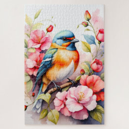 カラフルな鳥とピンクの花のボタニカルアート ジグソーパズル