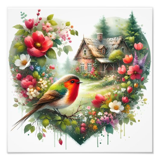 カラフルな鳥と花のカントリーコテージの水彩画 フォトプリント (正面)