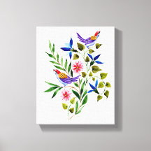 カラフルな鳥と花の水彩画 