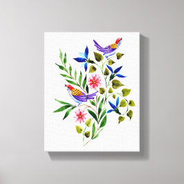 カラフルな鳥と花の水彩画  キャンバスプリント