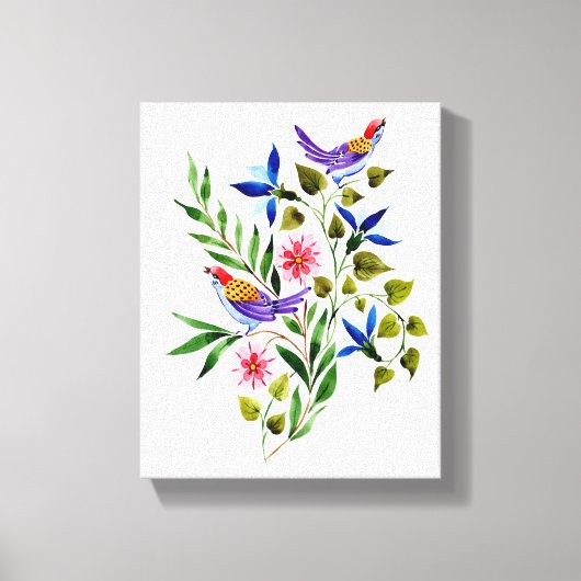 カラフルな鳥と花の水彩画  キャンバスプリント (正面)