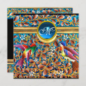 カラフルな鳥と花の渦 青い宝石のイニシャル 招待状 (正面/裏面)