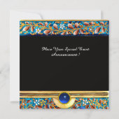カラフルな鳥と花の渦 青い宝石のイニシャル 招待状 (裏面)