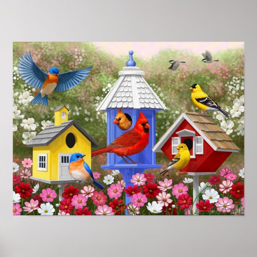 カラフルな鳥と鳥小屋の花園 ポスター (正面)