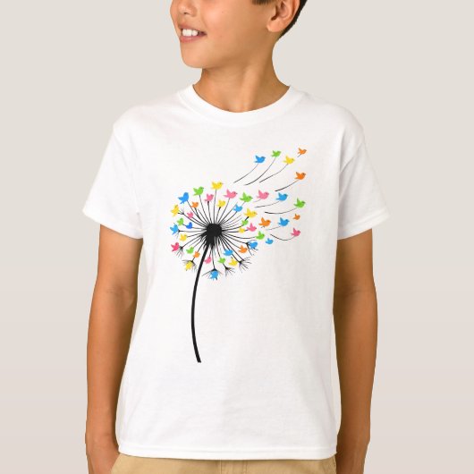 カラフルな鳥のたんぽぽの流れ Tシャツ (正面)