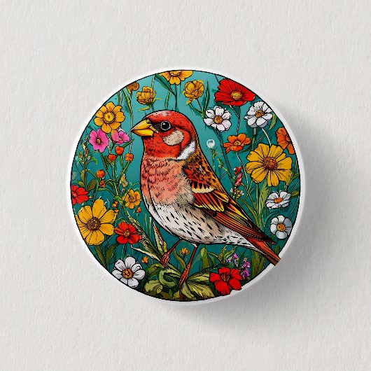 カラフルな鳥のアート作品 缶バッジ (正面)