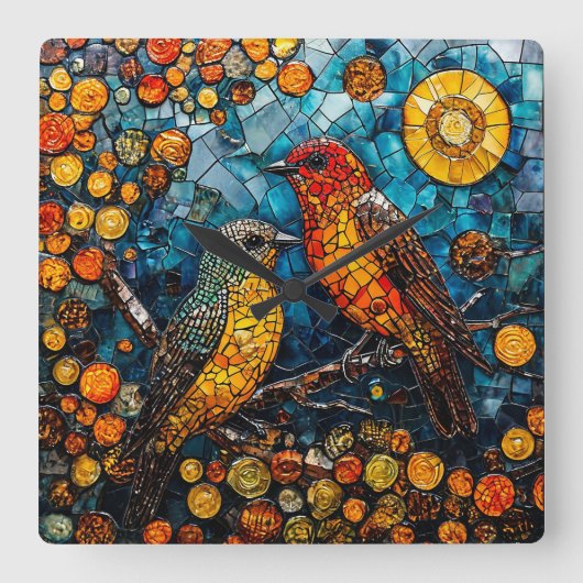 カラフルな鳥のアート 鳥好きへのユニークなギフト スクエア壁時計 (正面)