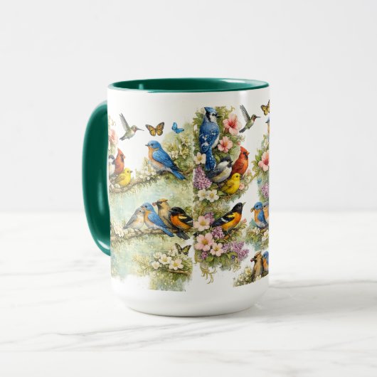カラフルな鳥の庭園の花のアートコンボコーヒーマグ マグカップ (正面左)