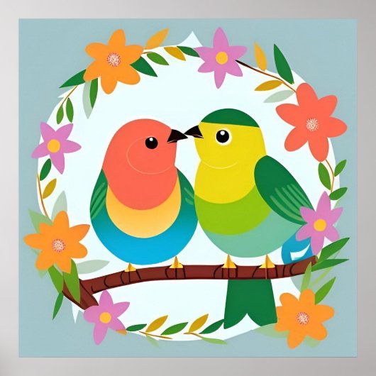 🐦 カラフルな鳥の枝の壁アート かわいい自然 🌿 ポスター (正面)