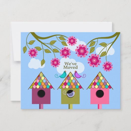 カラフルな鳥の移動のお知らせ 案内状 (正面)