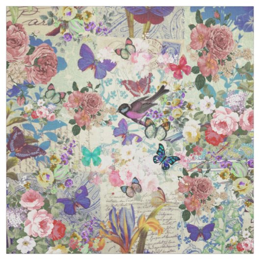カラフルな鳥の蝶ヴィンテージの花柄パターン ファブリック (見本)