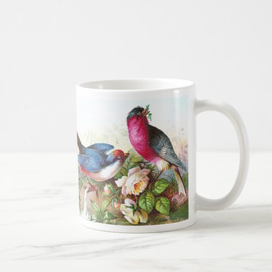 カラフルな鳥、バラ及び水口 コーヒーマグカップ (右)