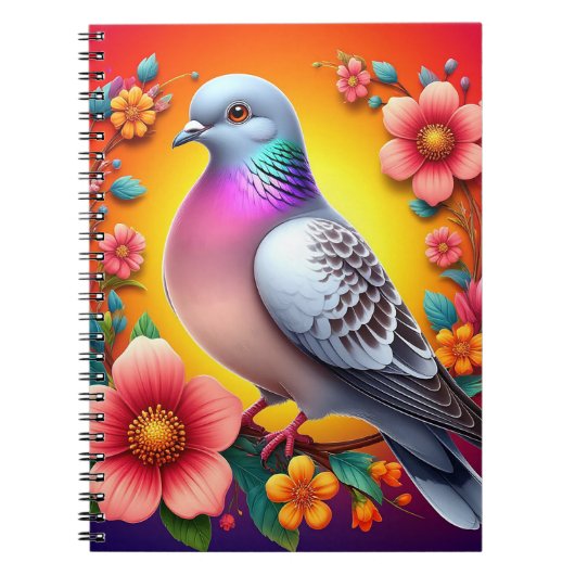 カラフルな鳩と色とりどりの花 鳥好きな人へ ノートブック (正面)