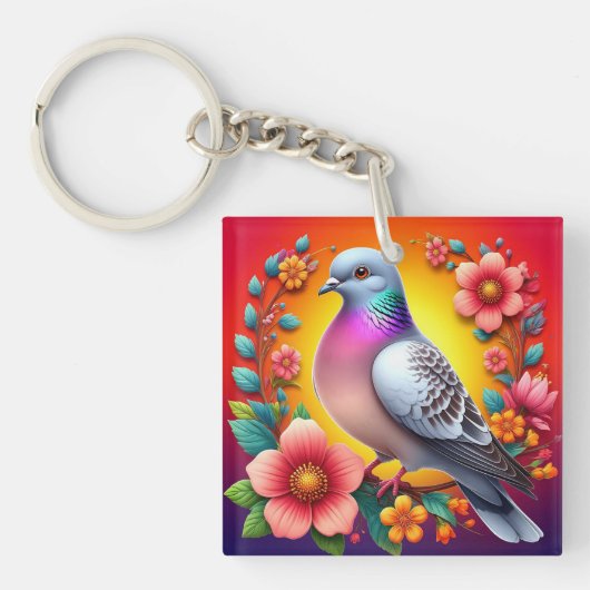 🕊️ カラフルな鳩の花柄デザイン キーホルダー (正面)