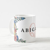 カラフルな黄色と青の珊瑚の花のモノグラム コーヒーマグカップ (正面左)