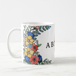 カラフルな黄色と青の珊瑚の花のモノグラム コーヒーマグカップ