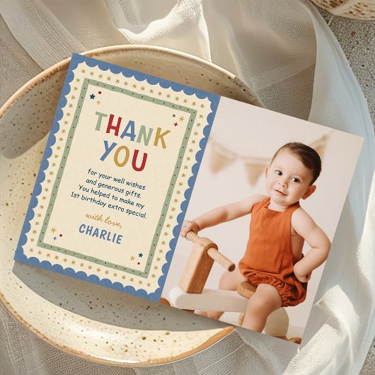 カラフルな1歳の誕生日フォト サンキューカード