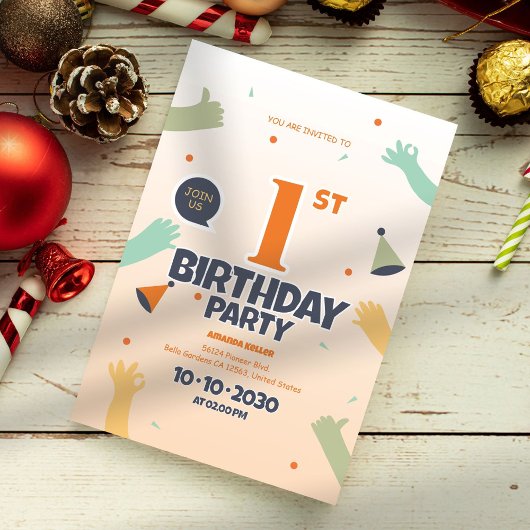 カラフルな1歳の誕生日招待状 招待状