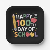 カラフルな100日目の学校の鉛筆とリンゴ ペーパープレート (正面)