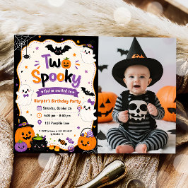 カラフルな2つのスプーキー・ハロウィン・バースデーパーティーの写真 招待状